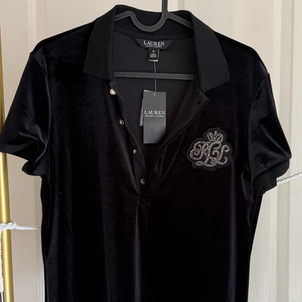 Ralph Lauren Black Velvet Polo with Embroidered Rhinestone's  Logo - size M - Picture 3 of 9